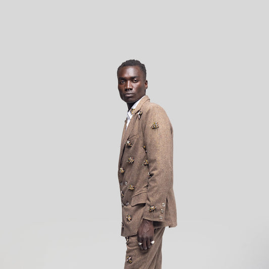 Crystal Bug Embellished Wool Double-Breasted Blazer