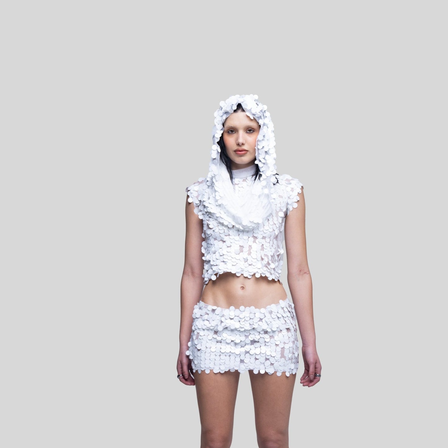 Jumbo Sequin White Hooded Crop Top