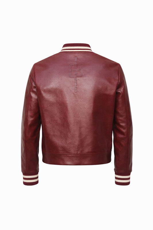 Burgundy & Off-White Classic Leather Bomber Jacket
