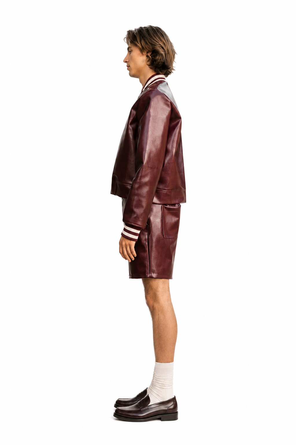 Burgundy & Off-White Classic Leather Bomber Jacket