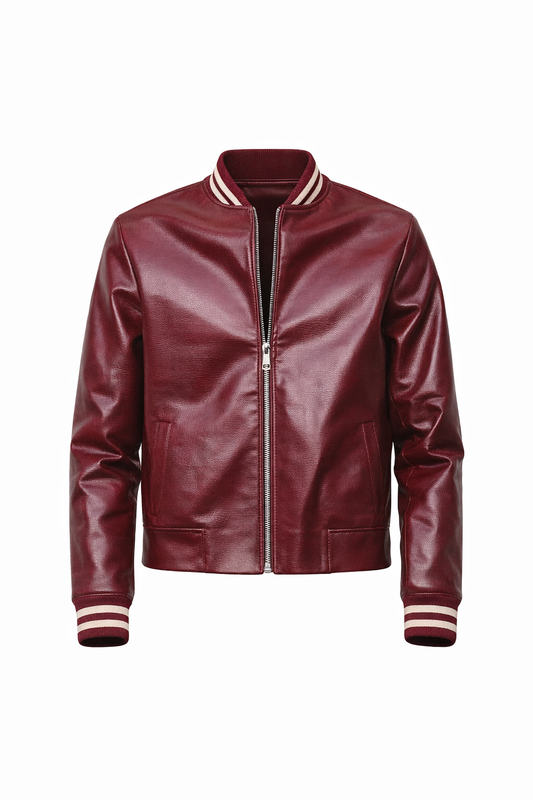 Burgundy & Off-White Classic Leather Bomber Jacket