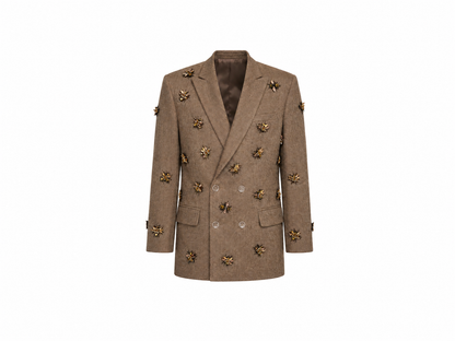 Crystal Bug Embellished Wool Double-Breasted Blazer