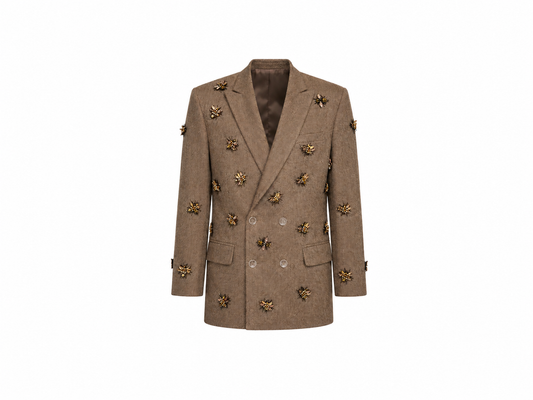 Crystal Bug Embellished Wool Double-Breasted Blazer