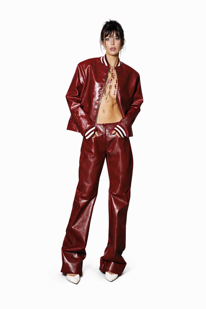 Burgundy & Off-White Classic Leather Bomber Jacket