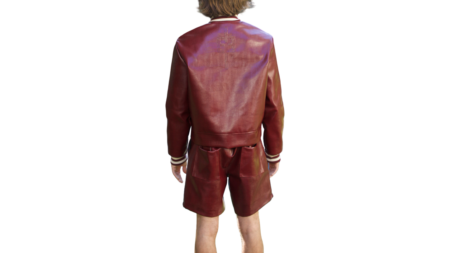 Burgundy & Off-White Classic Leather Bomber Jacket
