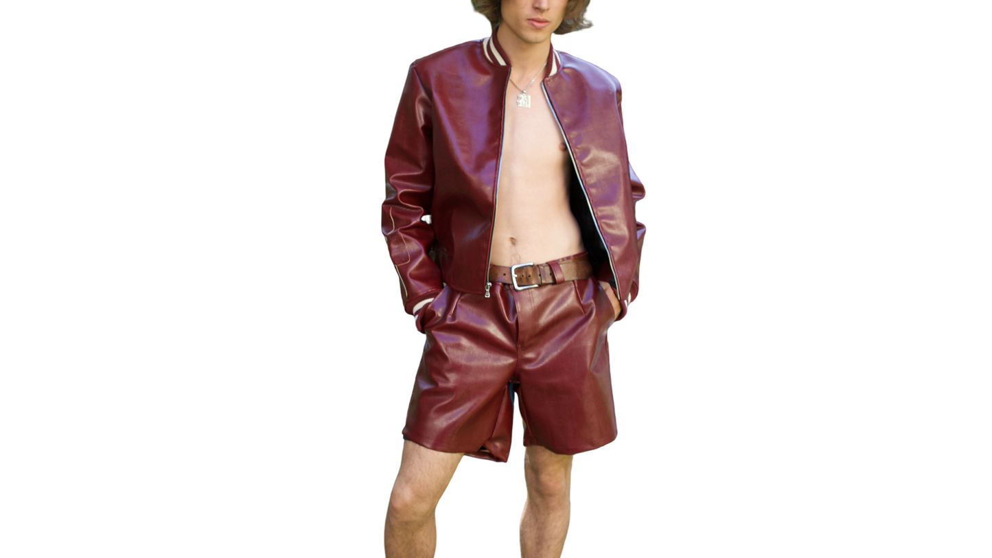 Burgundy & Off-White Classic Leather Bomber Jacket